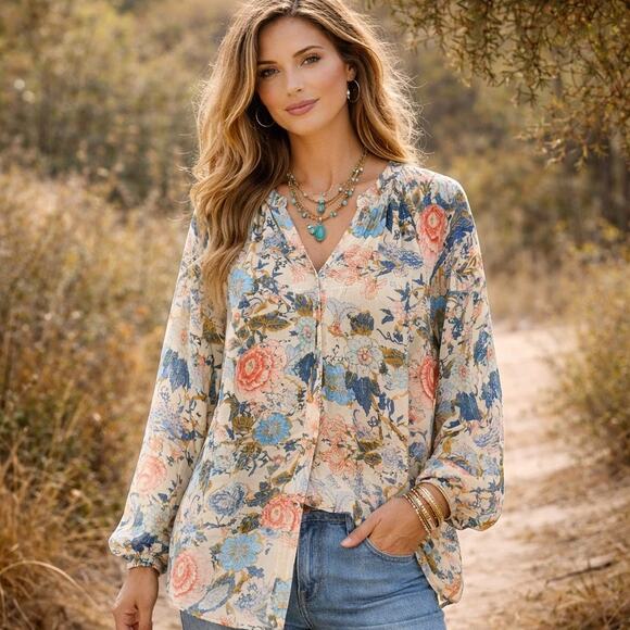 Soft Surroundings Tops - Soft Surroundings Bisonette Gauze Shirt Floral Cotton Button Down Size Large